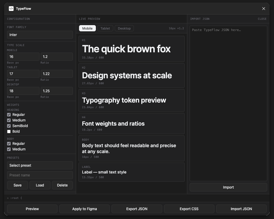 TypeFlow plugin UI — Configuration, Live Preview, and Import JSON panels